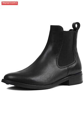Leather Chelsea Ankle Boots Round Toe Block Heel Work Shoes